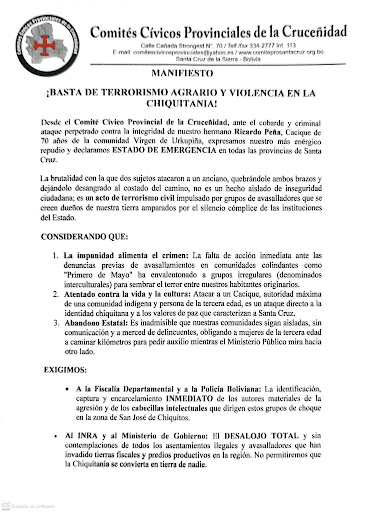 Carta del Comité Cívico Provincial, para el gobierno/ Foto: Comité Cívico Provincial